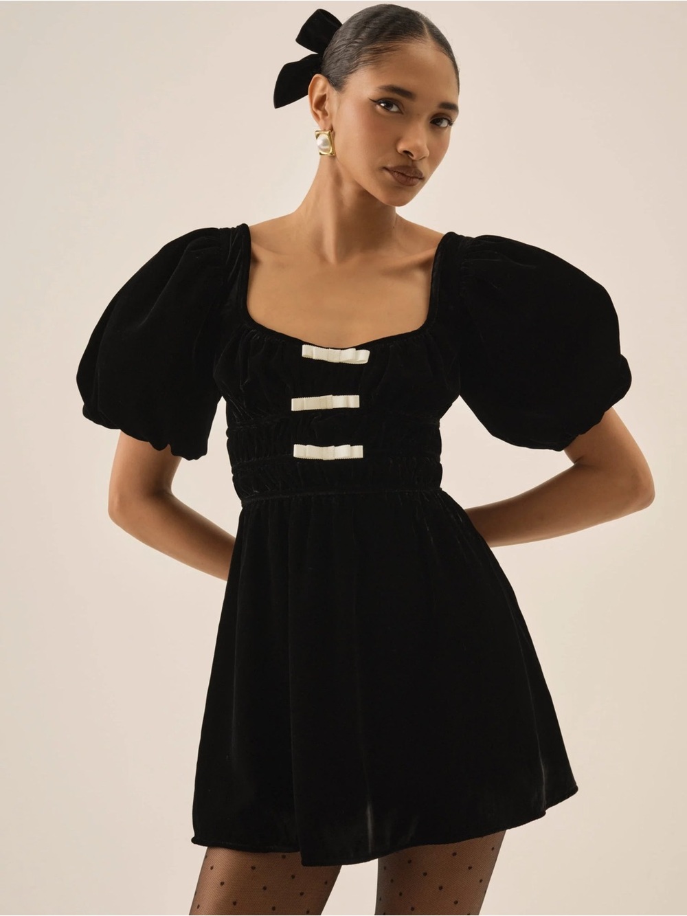NWT For Love And Lemons “Marta” Velvet Puff-Sleeve Mini Dress in Black Sz Small